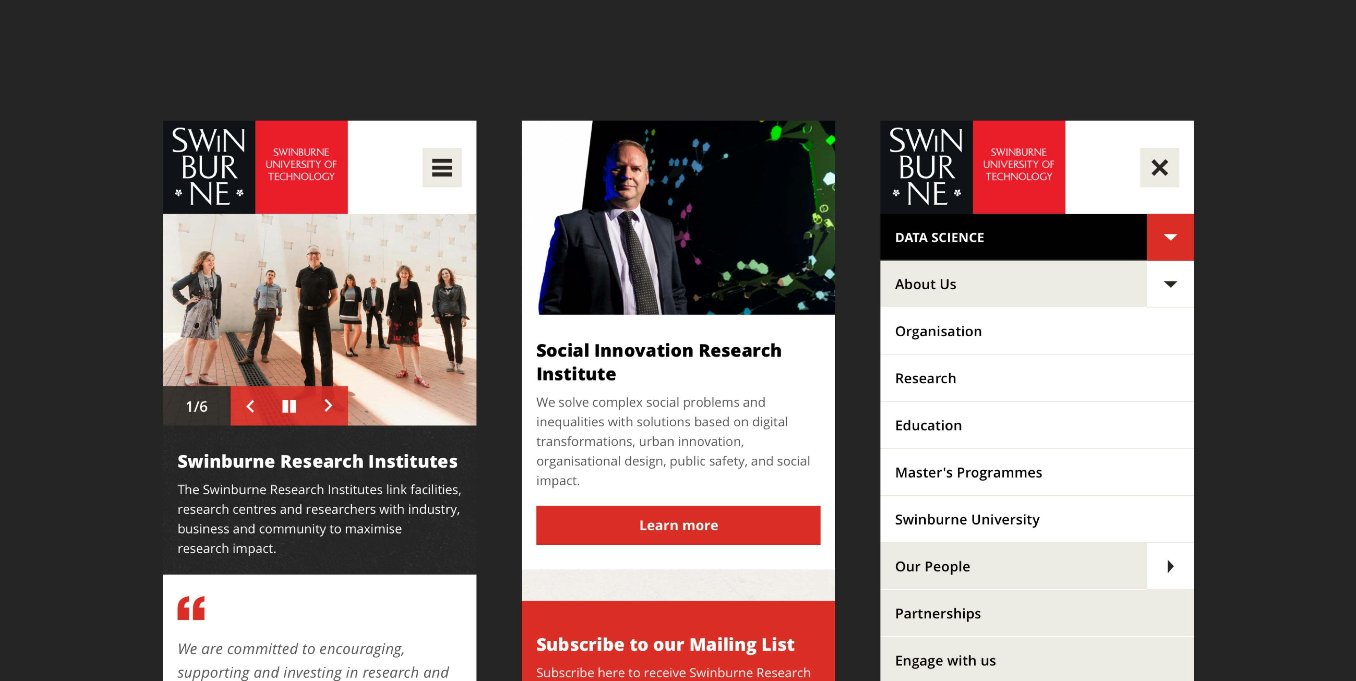 Swinburne’s research institutes project mobile view